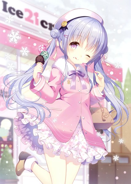 Anime picture 2489x3500 with original wasabi (sekai) single long hair tall image looking at viewer highres purple eyes twintails blue hair one eye closed scan official art snowing girl dress food sweets bag ice cream