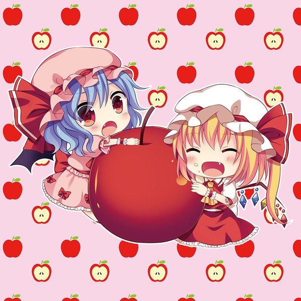 Anime picture 1000x1000 with touhou flandre scarlet remilia scarlet swami looking at viewer blush fringe short hair open mouth simple background blonde hair smile hair between eyes red eyes multiple girls blue hair eyes closed :d hair over one eye :o