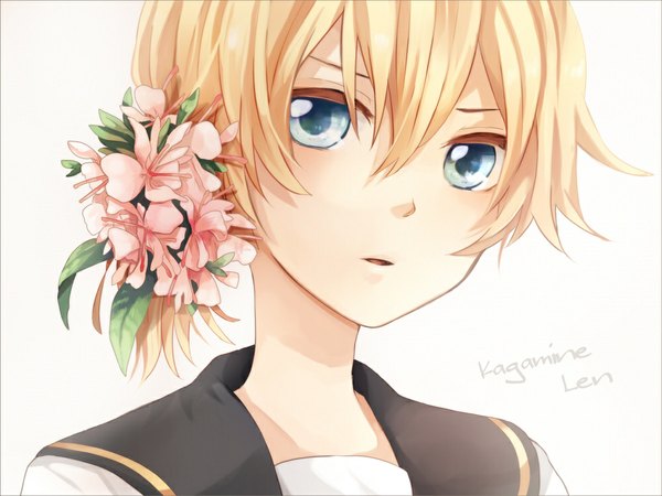 Anime picture 1000x750 with vocaloid kagamine len tama (songe) single looking at viewer short hair blue eyes simple background blonde hair white background hair flower inscription character names portrait boy hair ornament