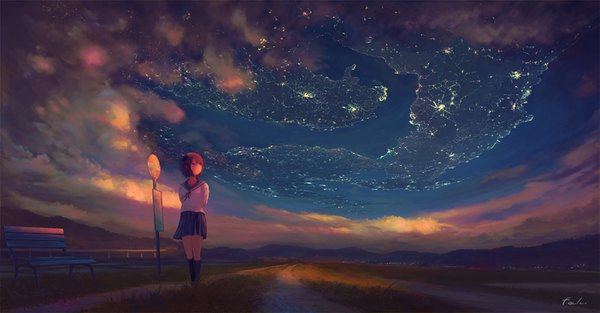 Anime-Bild 1403x732 mit original feel (nasitaki) single fringe short hair black hair wide image standing brown eyes signed looking away cloud (clouds) outdoors evening sunset hands behind back girl uniform plant (plants) socks