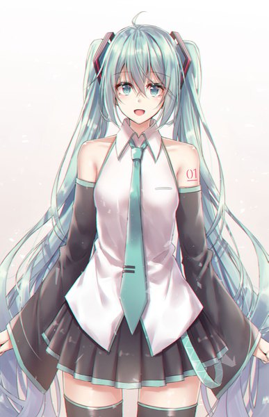 Anime picture 800x1240 with vocaloid hatsune miku akira (been0328) single tall image looking at viewer blush fringe open mouth simple background smile hair between eyes standing twintails bare shoulders payot ahoge very long hair :d pleated skirt