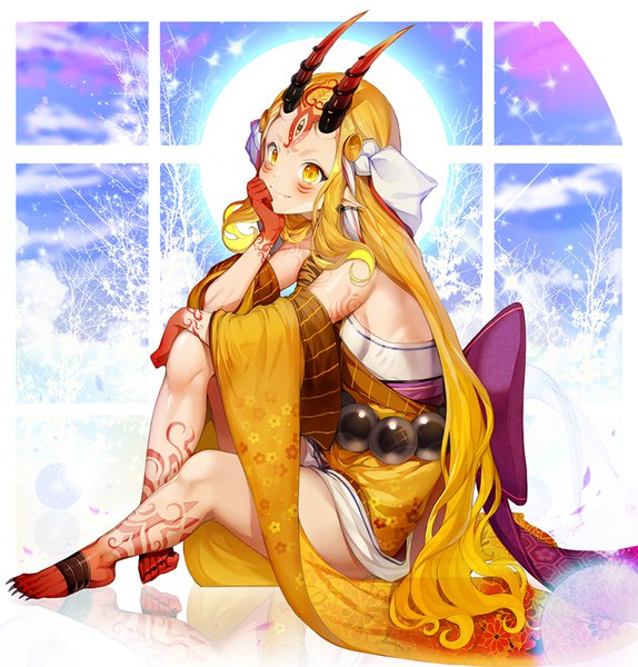 Anime picture 800x836 with fate (series) fate/grand order ibaraki douji (fate) puchipu single tall image blush blonde hair sitting yellow eyes full body very long hair traditional clothes japanese clothes barefoot horn (horns) pointy ears facial mark oni horns chin rest