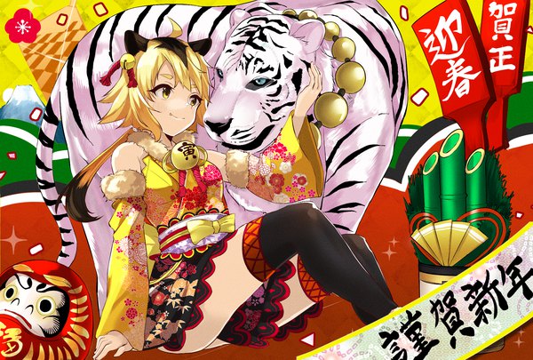 Anime-Bild 2039x1378 mit original yunekoko single long hair highres blonde hair animal ears traditional clothes japanese clothes multicolored hair two-tone hair low ponytail new year nengajou girl thighhighs black thighhighs detached sleeves animal tiger