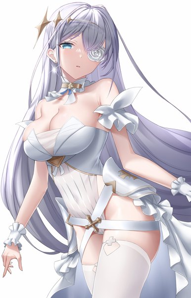 Anime picture 1446x2250 with azur lane emden (azur lane) naga (pixiv70891418) single long hair tall image looking at viewer fringe breasts open mouth light erotic simple background hair between eyes large breasts standing white background bare shoulders cleavage silver hair head tilt