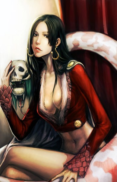 Anime picture 776x1200 with one piece toei animation boa hancock salome (one piece) noa ikeda single long hair tall image looking at viewer breasts light erotic black hair lips black eyes no bra girl navel earrings animal skull