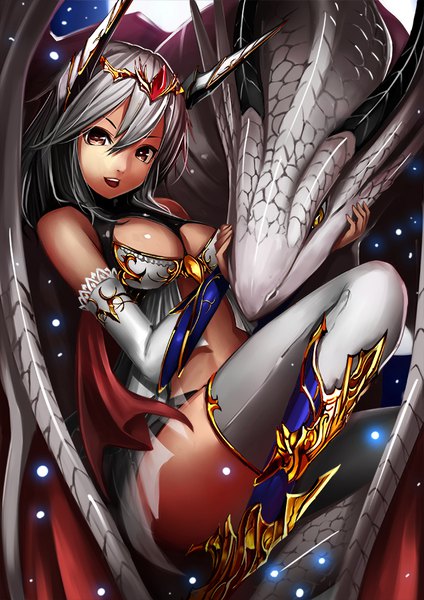 Anime picture 636x900 with original mokijet single long hair tall image looking at viewer fringe open mouth light erotic hair between eyes brown eyes cleavage horn (horns) grey hair bare belly thighs fantasy girl thighhighs detached sleeves