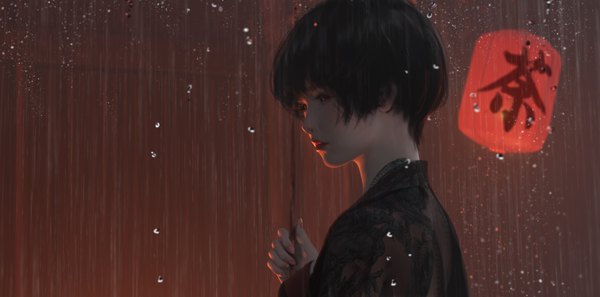 Anime picture 8400x4160 with ghost blade jade (ghost blade) wlop single fringe highres short hair black hair red eyes wide image holding looking away absurdres upper body rain girl paper lantern chinese lantern