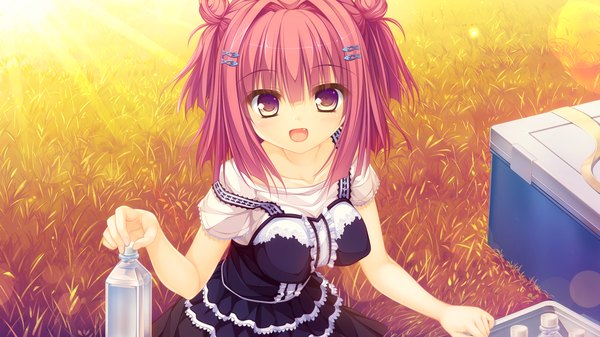 Anime picture 1920x1080 with kujiragami no tearstilla narumi marine mikagami mamizu single looking at viewer blush highres short hair open mouth wide image yellow eyes pink hair game cg girl dress
