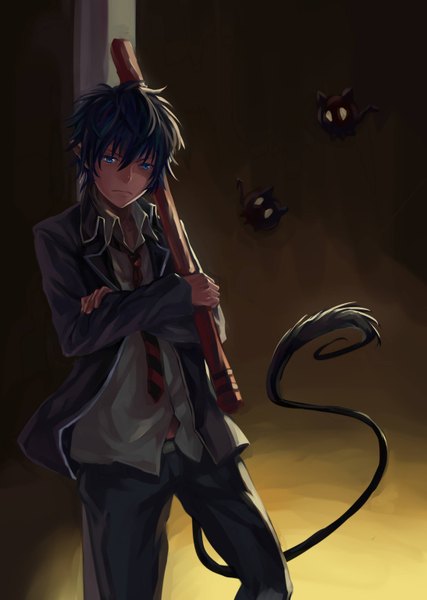 Anime picture 2185x3070 with ao no exorcist a-1 pictures okumura rin xiamianliele (artist) single tall image highres short hair blue eyes blue hair pointy ears demon tail demon boy uniform weapon school uniform necktie pants