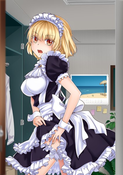 Anime picture 1748x2480 with original tianna single tall image looking at viewer highres short hair open mouth blonde hair maid orange eyes girl dress frills headdress maid headdress