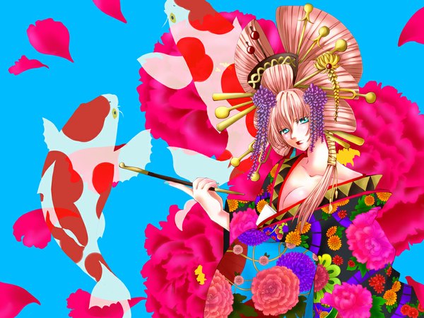 Anime picture 1024x768 with vocaloid megurine luka japanese clothes girl kimono fish (fishes)
