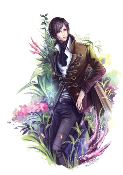 Anime picture 1000x1417 with reiberrycream single tall image short hair blue eyes simple background white background looking away grey hair open clothes open jacket boy flower (flowers) plant (plants) shirt jacket belt pants neckerchief