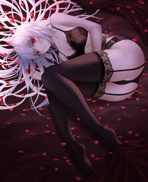Anime picture 1301x1600 with original dlwhdals901 single tall image looking at viewer fringe breasts light erotic hair between eyes red eyes cleavage full body bent knee (knees) ass white hair lying very long hair from above no shoes underwear only