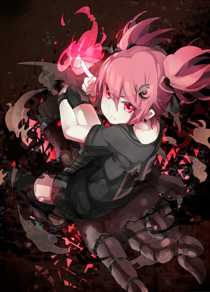 Anime picture 722x1000 with original ogipote single tall image short hair twintails pink hair pink eyes plaid skirt looking up mechanical parts girl thighhighs skirt hair ornament ribbon (ribbons) black thighhighs hair ribbon miniskirt t-shirt
