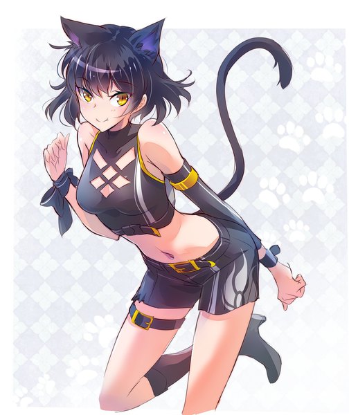 Anime picture 1206x1437 with rwby rooster teeth blake belladonna iesupa single tall image looking at viewer short hair black hair simple background smile bare shoulders animal ears yellow eyes tail animal tail cat ears bare belly cat girl cat tail