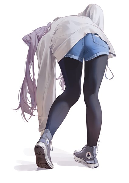 Anime picture 2150x3035 with genshin impact converse keqing (genshin impact) ai xiao meng single long hair tall image highres simple background white background twintails signed purple hair full body long sleeves from behind alternate costume legs dated bent over