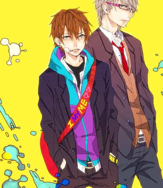 Anime picture 1800x2073 with sono (pixiv) tall image highres short hair brown hair grey hair grey eyes hands in pockets casual bandaid on face boy glasses necktie pants bag clock bandaid pocket watch