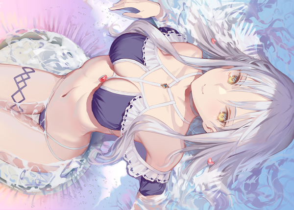 Anime picture 1268x907 with fate (series) fate/grand order caren hortensia caren hortensia (amor caren) ritsuki single long hair looking at viewer breasts light erotic smile yellow eyes silver hair from above partially submerged arched back angel heart (fate) girl swimsuit bikini