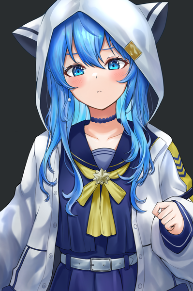 Anime picture 2722x4096 with virtual youtuber hololive hoshimachi suisei hoshimachi suisei (school uniform) lds (dstwins97) single long hair tall image looking at viewer blush fringe highres blue eyes simple background hair between eyes blue hair upper body grey background open jacket :<