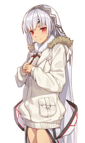 Anime picture 720x1200 with fate (series) fate/grand order altera (fate) nian (zhanian) single tall image blush fringe short hair simple background smile red eyes standing white background payot silver hair fur trim girl jacket headdress