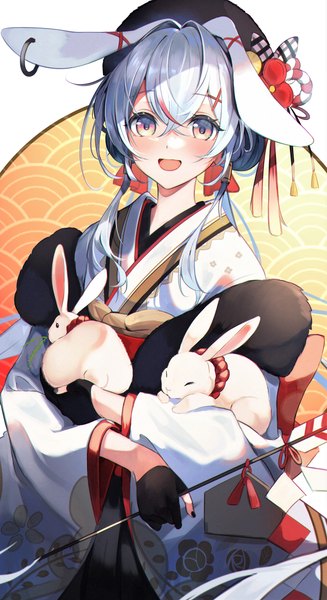 Anime picture 2707x4965 with original lumo 1121 single long hair tall image blush fringe highres open mouth hair between eyes twintails holding animal ears blue hair upper body traditional clothes :d japanese clothes multicolored hair bunny ears