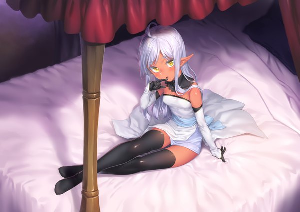 Anime picture 7406x5256 with original h kasei single long hair looking at viewer blush fringe highres open mouth yellow eyes absurdres silver hair full body ahoge indoors from above pointy ears arm support no shoes crossed legs