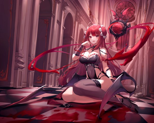 Anime picture 7002x5579 with king's raid erze (king's raid) munseonghwa single long hair looking at viewer blush fringe highres breasts open mouth light erotic smile hair between eyes red eyes large breasts sitting bare shoulders payot absurdres