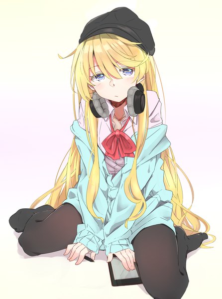Anime picture 2149x2889 with original kazenoko single long hair tall image looking at viewer blush fringe highres blue eyes simple background blonde hair hair between eyes white background sitting full body ahoge bent knee (knees) no shoes wariza