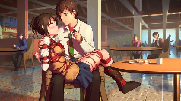 Anime picture 1920x1080 with kimi no na wa miyamizu mitsuha tachibana taki okudera miki fujii tsukasa tokinohimitsu blush highres short hair light erotic black hair wide image sitting multiple girls holding brown eyes full body bent knee (knees) ponytail indoors