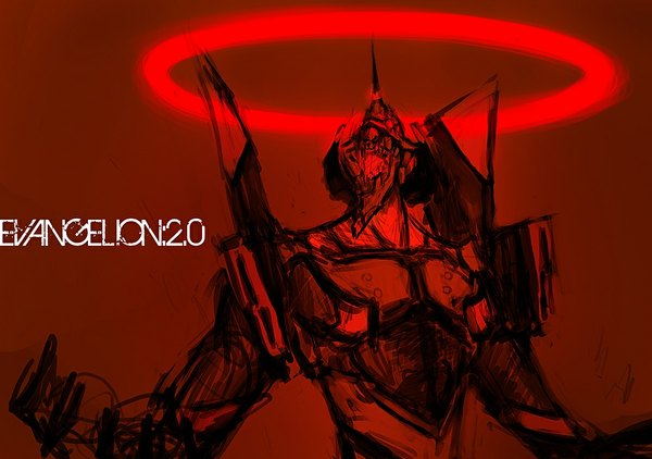 Anime picture 1000x704 with neon genesis evangelion rebuild of evangelion evangelion: 2.0 you can (not) advance end of evangelion gainax eva 01 whistlesho single horn (horns) inscription grin looking up spread arms screaming science fiction giant futuristic armor halo robot
