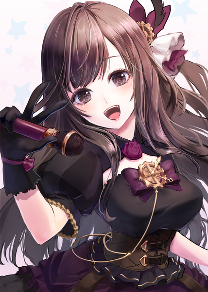 Anime picture 800x1120 with idolmaster idolmaster shiny colors tsukioka kogane misty cj single long hair tall image looking at viewer open mouth brown hair brown eyes upper body :d puffy sleeves one side up girl gloves black gloves star (symbol) microphone