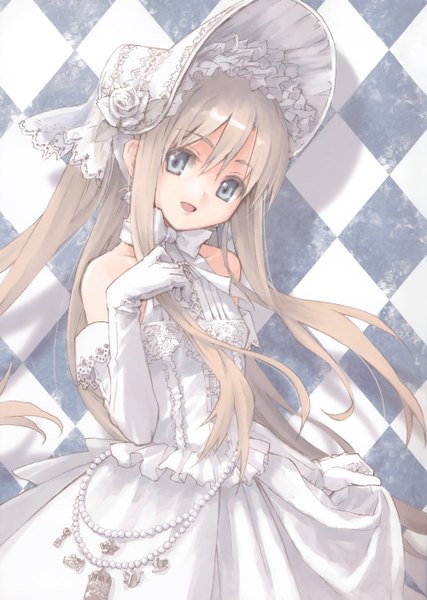 Anime picture 2000x2813 with original konoe ototsugu single long hair tall image looking at viewer highres open mouth blue eyes blonde hair bare shoulders lolita fashion checkered background rhombus girl dress gloves hat elbow gloves white dress