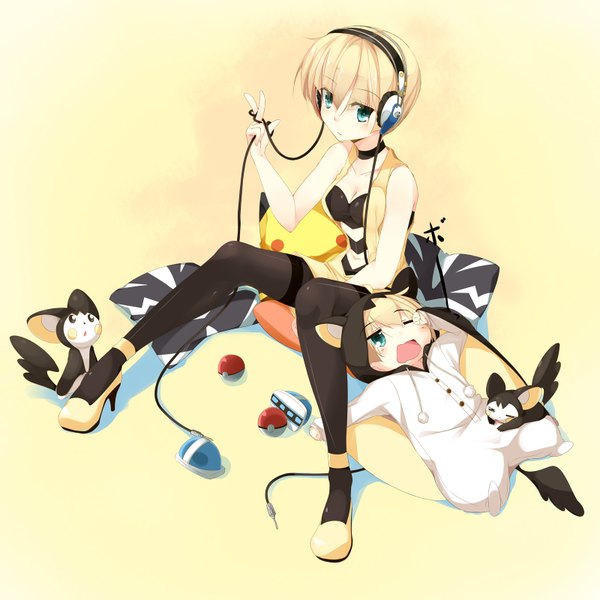 Anime picture 1600x1600 with pokemon pokemon black and white nintendo elesa (pokemon) emolga nasudora short hair open mouth blonde hair simple background green eyes yellow background gen 5 pokemon girl headphones wire (wires) pokemon (creature) pokeball