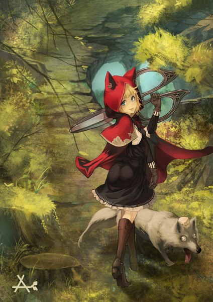 Anime picture 1414x2000 with original akaikitsune tall image looking at viewer short hair blue eyes blonde hair holding animal ears ass turning head girl dress gloves plant (plants) animal boots hood cape grass