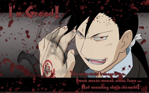 Anime picture 1920x1200 with fullmetal alchemist studio bones greed ling yao dyuu long hair highres open mouth black hair red eyes wide image tail inscription tattoo homunculus boy blood