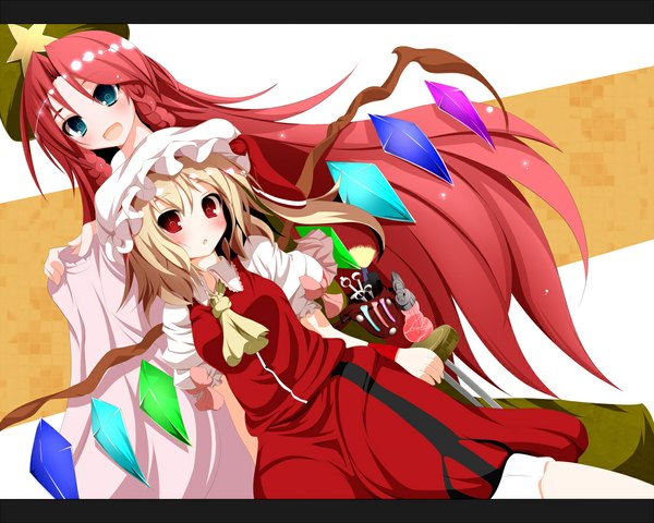 Anime picture 1120x897 with touhou flandre scarlet hong meiling sukage long hair blush short hair open mouth blue eyes blonde hair red eyes multiple girls red hair letterboxed girl dress 2 girls wings beret bonnet