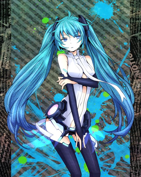 Anime picture 1201x1500 with vocaloid vocaloid append hatsune miku hatsune miku (append) siting zeng langjiao single tall image blue eyes standing twintails bare shoulders very long hair aqua hair girl thighhighs gloves navel black thighhighs necktie