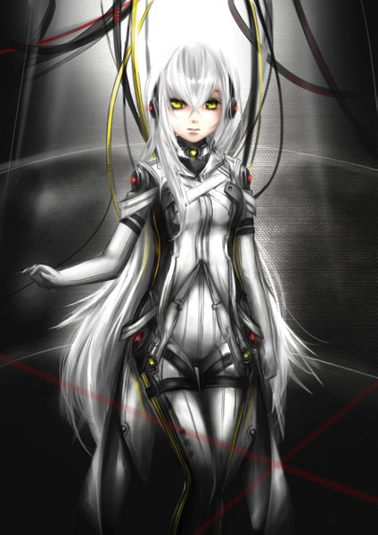 Anime picture 1902x2689 with original closedbox (artist) long hair tall image looking at viewer highres yellow eyes white hair girl headphones suit wire (wires)