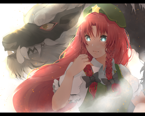 Anime picture 800x640 with touhou hong meiling akuan (7jackpot7) single long hair fringe breasts simple background smile white background red hair braid (braids) lips mole wallpaper puffy sleeves twin braids letterboxed smoke girl