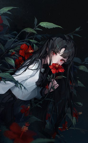 Anime picture 863x1402 with original ttosom single long hair tall image looking at viewer fringe black hair red eyes standing holding long sleeves leaning leaning forward black background girl skirt uniform flower (flowers) serafuku