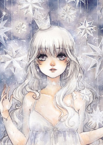 Anime picture 900x1271 with original cherriuki single long hair tall image blush fringe bare shoulders silver hair upper body lips grey eyes lipstick wavy hair looking up pink lipstick traditional media watercolor (medium) girl dress