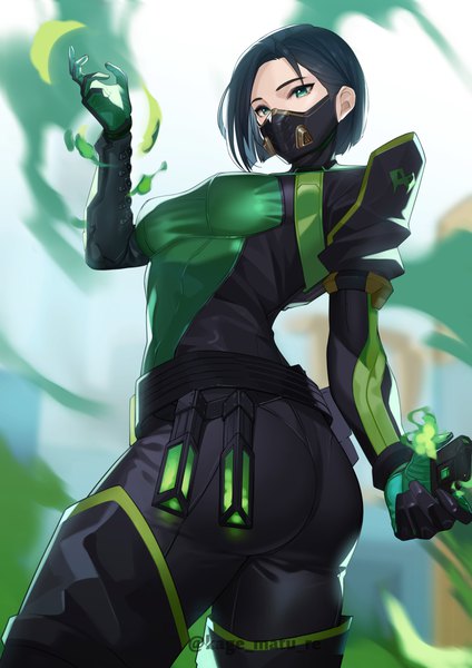 Anime picture 1736x2456 with valorant viper (valorant) kagematsuri single tall image looking at viewer blush fringe highres short hair breasts light erotic black hair standing green eyes signed full body ass multicolored hair arm up