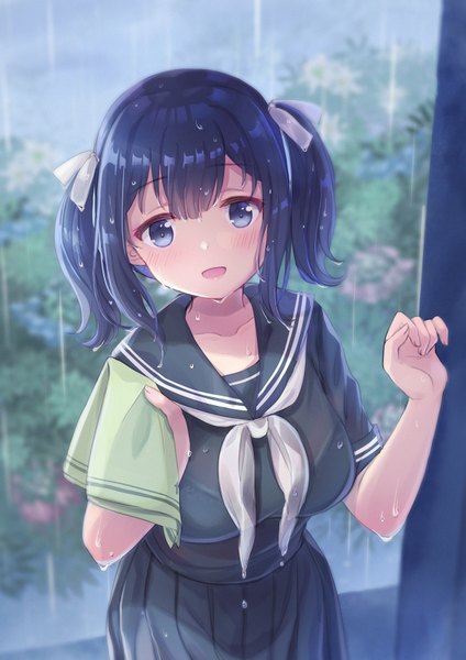 Anime picture 1200x1697 with kantai collection souryuu aircraft carrier emia wang single tall image looking at viewer blush fringe short hair breasts open mouth blue eyes smile hair between eyes standing twintails holding payot purple hair outdoors