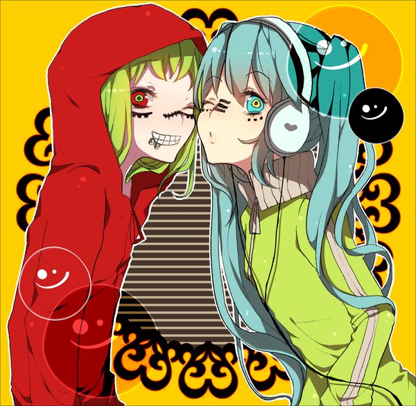Anime picture 1735x1700 with vocaloid matryoshka (vocaloid) hatsune miku gumi koko (artist) highres twintails multiple girls one eye closed green hair wink aqua hair grin piercing yellow background multicolored eyes lip piercing girl 2 girls jacket