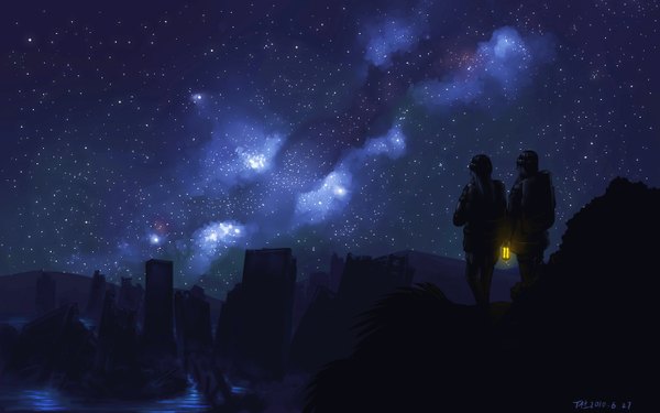 Anime picture 2880x1800 with original kare highres wide image signed sky from behind night night sky landscape ruins milky way building (buildings) star (stars) lantern helmet lamp