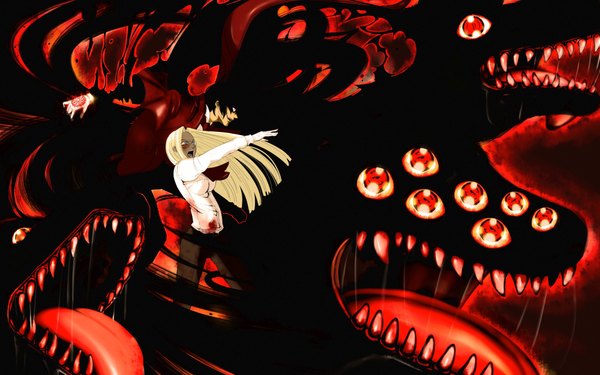 Anime picture 4000x2500 with hellsing alucard (hellsing) integra wingates hellsing long hair highres short hair open mouth blue eyes black hair blonde hair smile red eyes wide image absurdres profile teeth fang (fangs) dark skin pointing demon