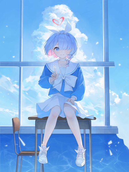 Anime picture 4500x6000 with blue archive arona (blue archive) randouworks single tall image looking at viewer fringe highres short hair blue eyes smile sitting absurdres sky silver hair cloud (clouds) full body multicolored hair hair over one eye colored inner hair