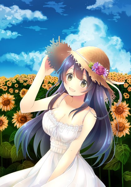 Anime picture 1300x1847 with kantai collection agano light cruiser white s single long hair tall image looking at viewer blush open mouth yellow eyes blue hair sky cloud (clouds) girl dress flower (flowers) hat sundress sunflower