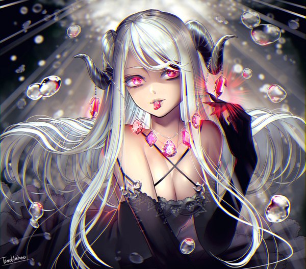 Anime picture 800x704 with original tamaki mitsune single long hair looking at viewer fringe breasts light erotic large breasts holding signed looking away silver hair very long hair pink eyes horn (horns) sunlight blurry floating hair mouth hold