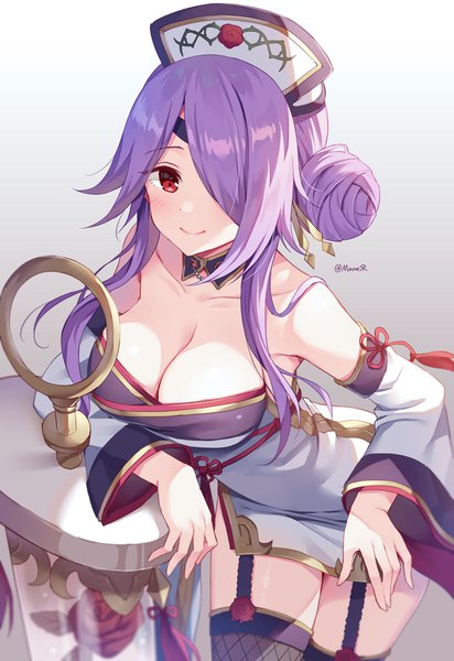 Anime picture 700x1019 with princess connect! mitsuki (princess connect!) mauve single long hair tall image fringe breasts light erotic simple background smile red eyes large breasts signed cleavage purple hair hair over one eye grey background arm support hair bun (hair buns)